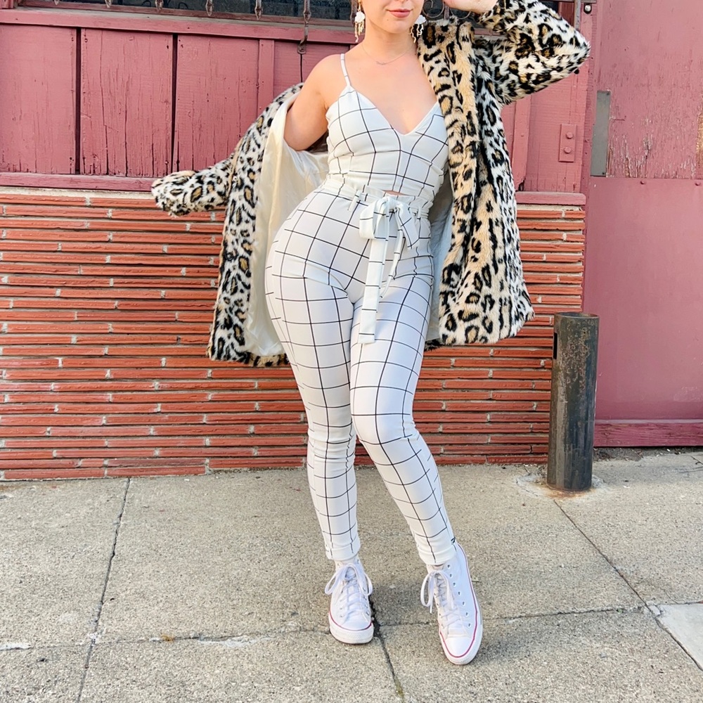Fashion Nova white and black checkered two piece set